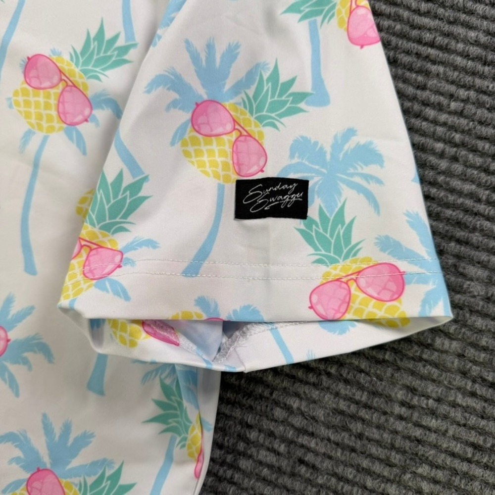 Sunday Swagger Mens Large Golf Polo Shirt Pineapple Palm Tree Tropical White Top - Picture 5 of 12